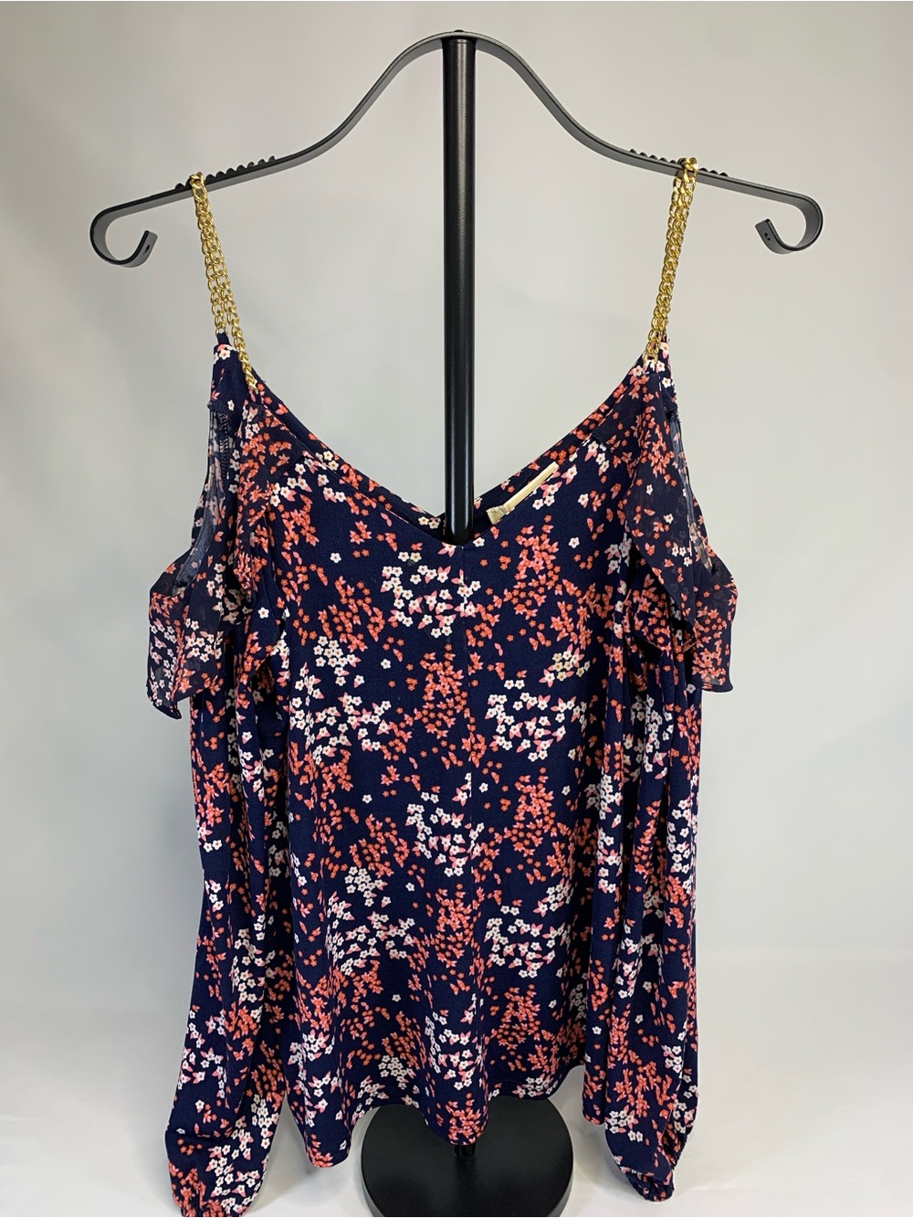Floral Navy Cold-Shoulder Tank Top with Gold Chain Straps